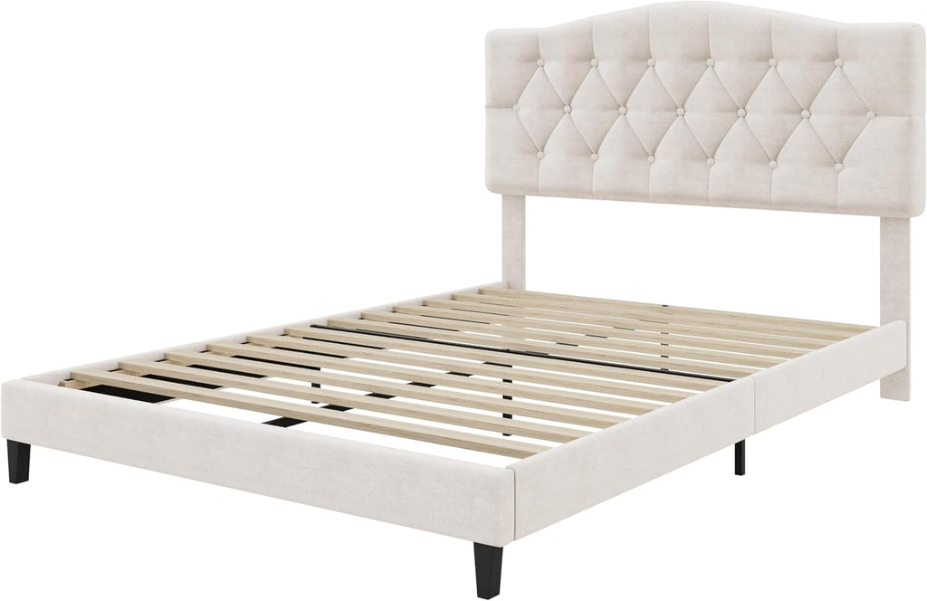 King Size Bed Frame, Upholstered Platform Bed with Diamond Tufted Headboard, Sturdy Slat Support Mattress Foundation, No Box Spring Needed, Modern Bedroom Furniture (King)