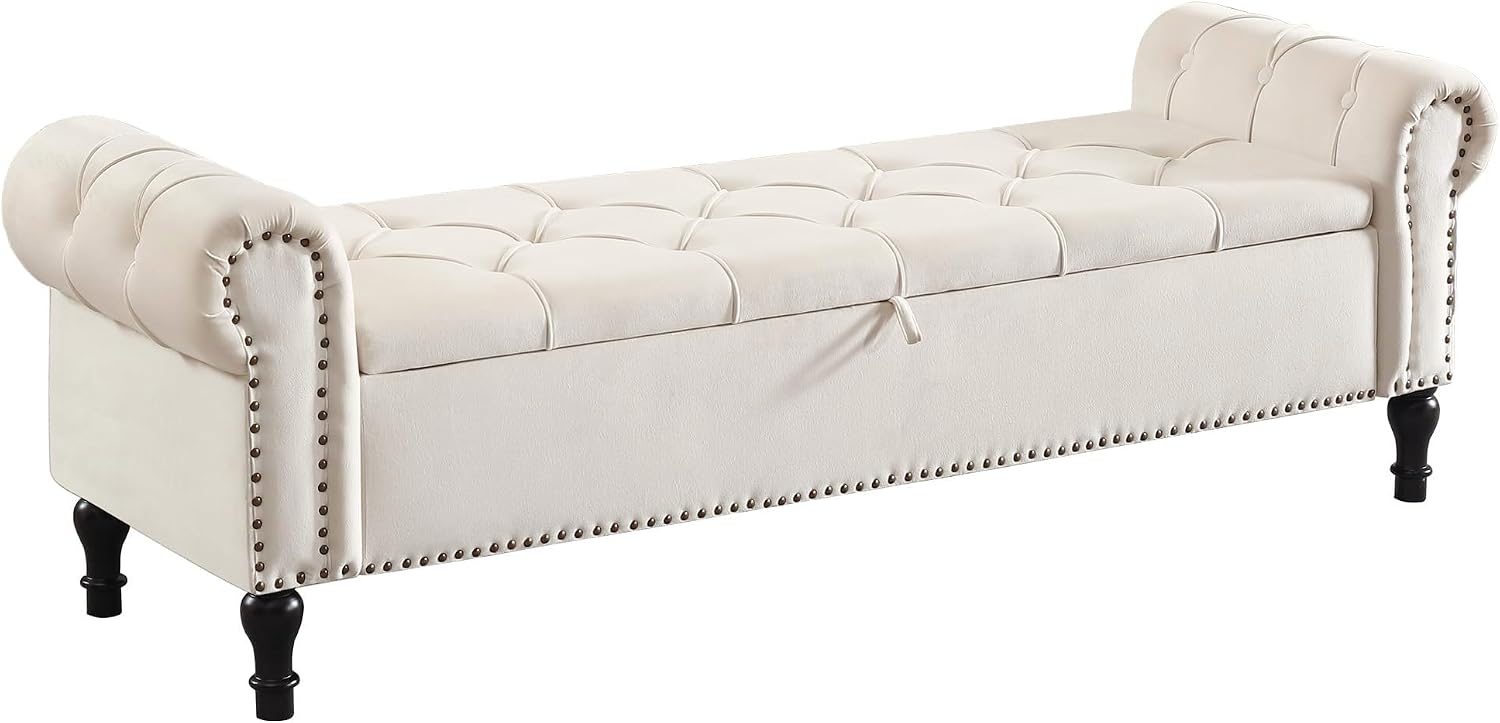 Storage Bed Bench for Bedroom, Velvet 67' End of Bed Benches, King Size Bench with Armrest, Tufted Button Upholstered Ottoman Bench for Living Room, Entryway, Cream Beige