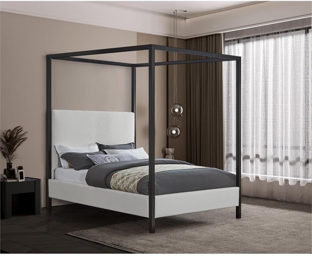 Meridian Furniture JamesBeige-Q James Collection Modern | Contemporary Queen Bed with Cream Linen Textured Fabric, Matte Black Steel Canopy, Full Slats, 65' W x 85' D x 86' H, Cream, Queen