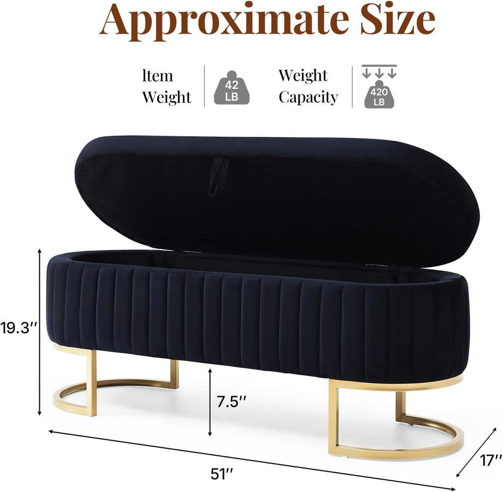 50.5' Modern Velvet Storage Bench, Luxury Channeled Queen Size End of Bed Bench with Hidden Storage and Gold Legs, Modern Glam Ottoman Bench for Bedroom, Living Room, Entryway, Black