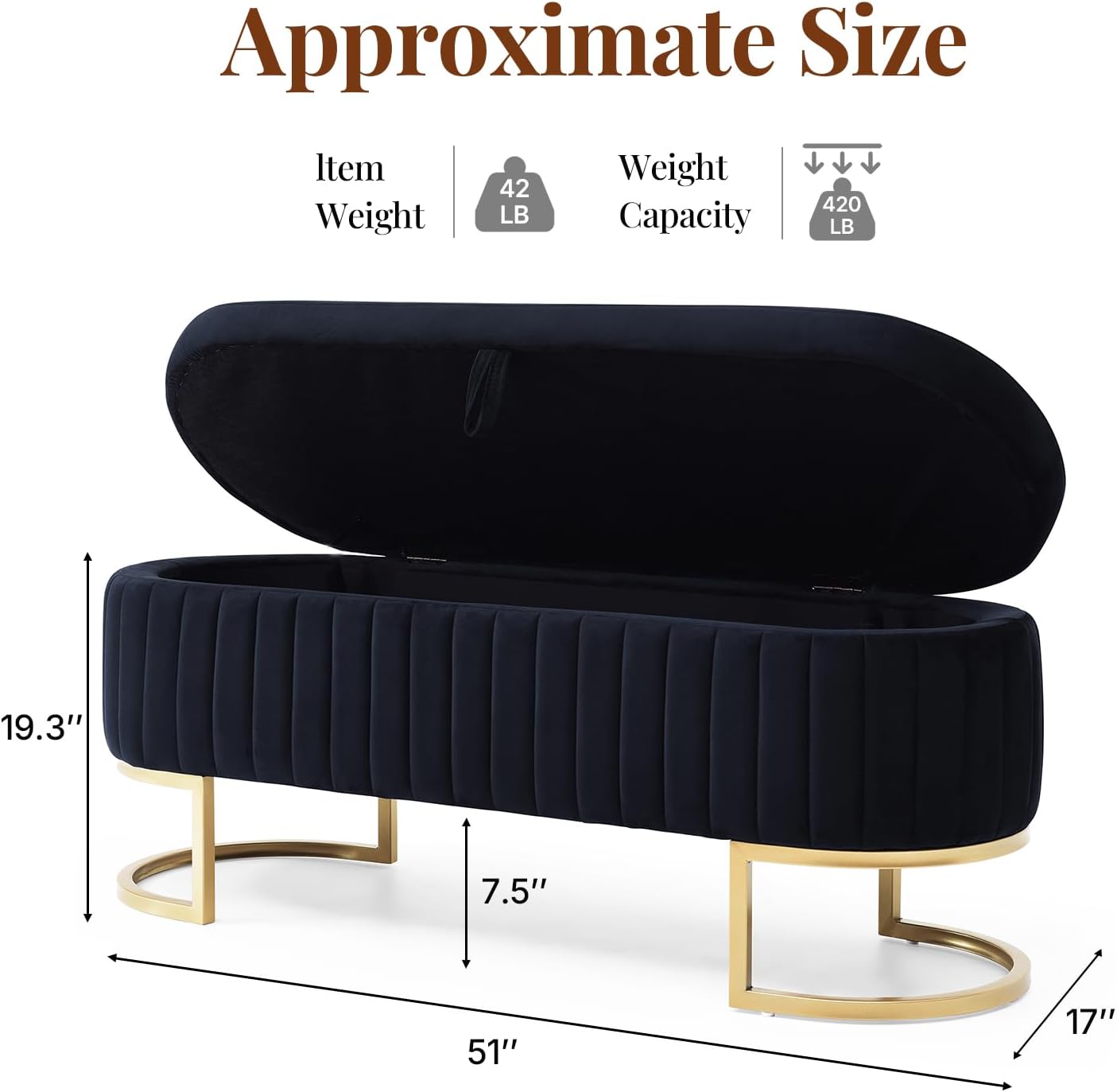 50.5' Modern Velvet Storage Bench, Luxury Channeled Queen Size End of Bed Bench with Hidden Storage and Gold Legs, Modern Glam Ottoman Bench for Bedroom, Living Room, Entryway, Black