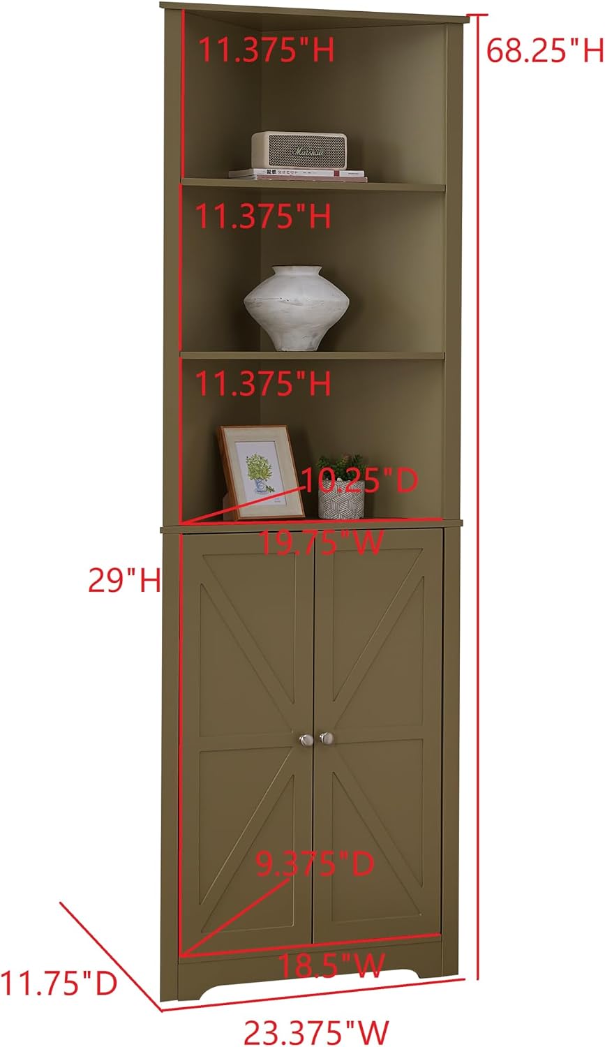Kings Brand Furniture Tall Wooden Corner Cabinet with 2 Doors and 5 Shelves Storage Shelf Organizer, Home Space Saver, Bathroom, Kitchen, Living Room, Lemon Pepper