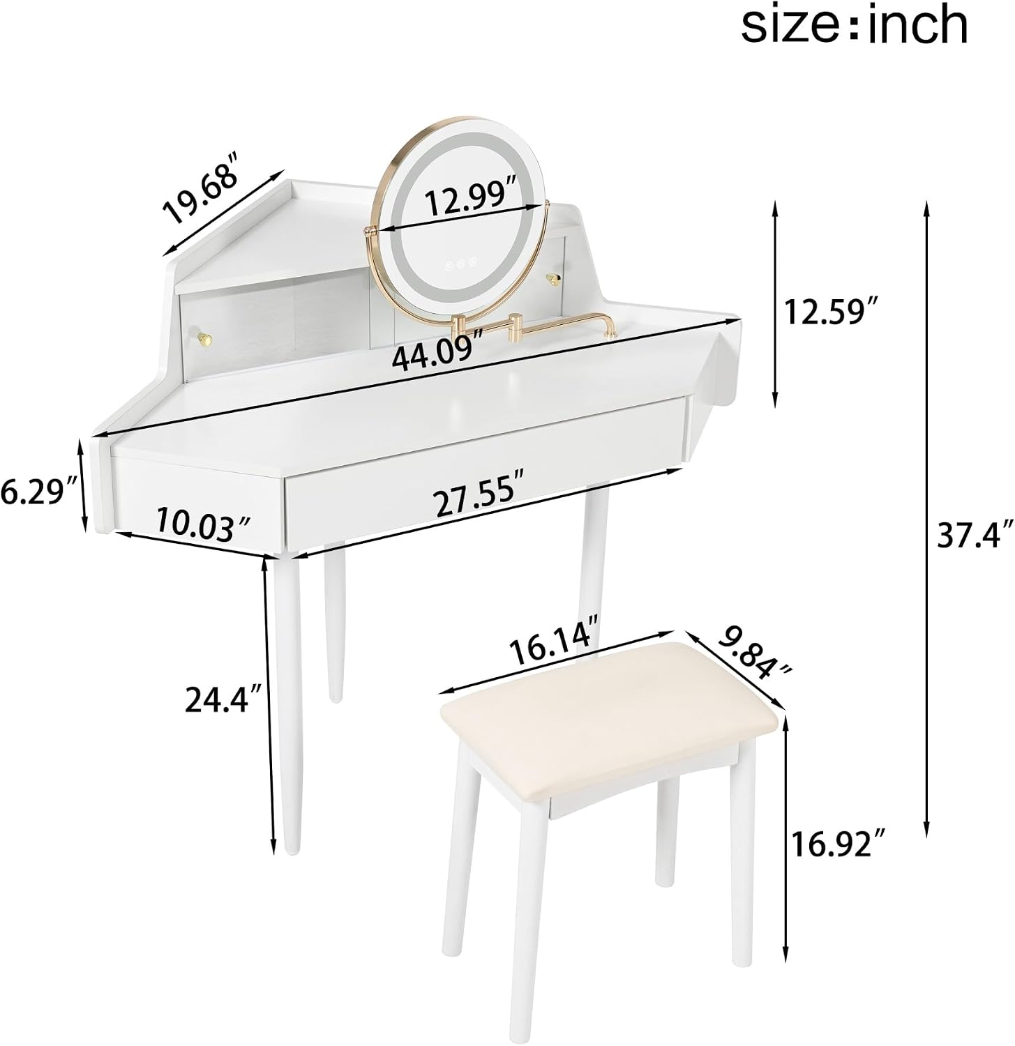Modern Corner Makeup Vanity Desk with Large Storage, LED Mirror & Stool – Brightness Adjustable, Space-Saving for Small Places