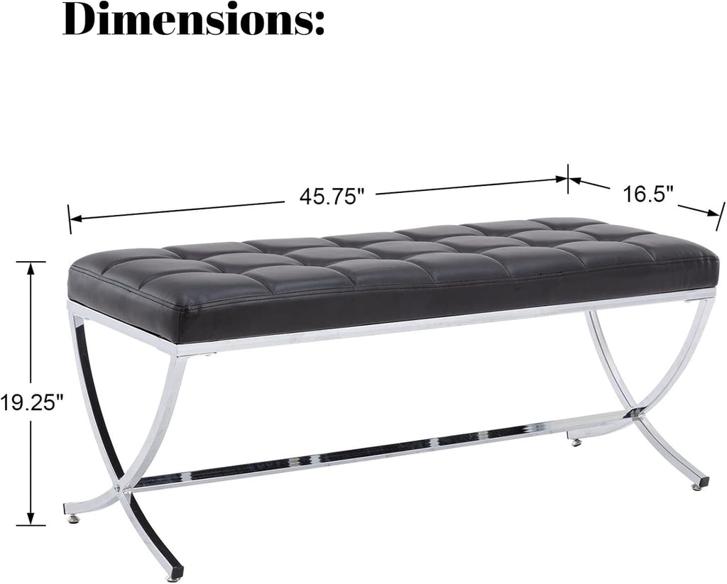 LukeAlon Modern PU Leather Dining Bench, Button Tufted Ottoman Bench with X-Shape Chrome Finish Upholstered End of Bed Bench Comfy Entryway Bench for Bedroom Kitchen, Black