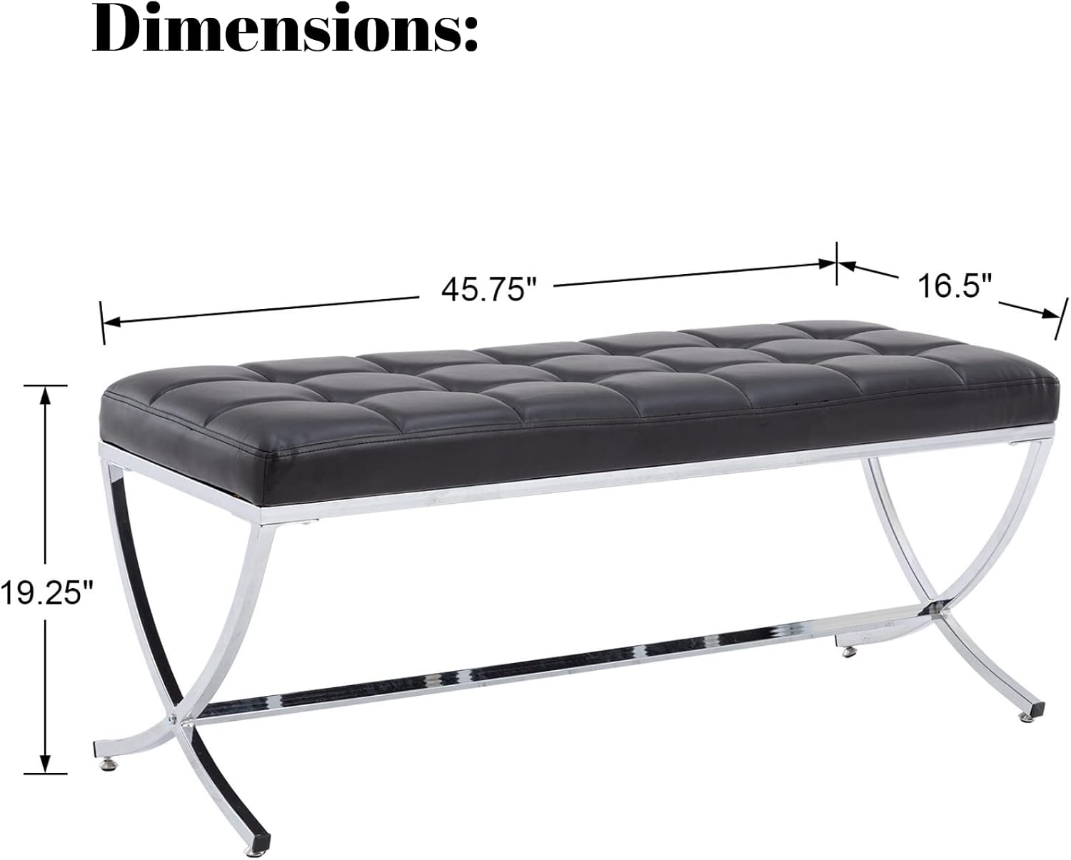 LukeAlon Modern PU Leather Dining Bench, Button Tufted Ottoman Bench with X-Shape Chrome Finish Upholstered End of Bed Bench Comfy Entryway Bench for Bedroom Kitchen, Black