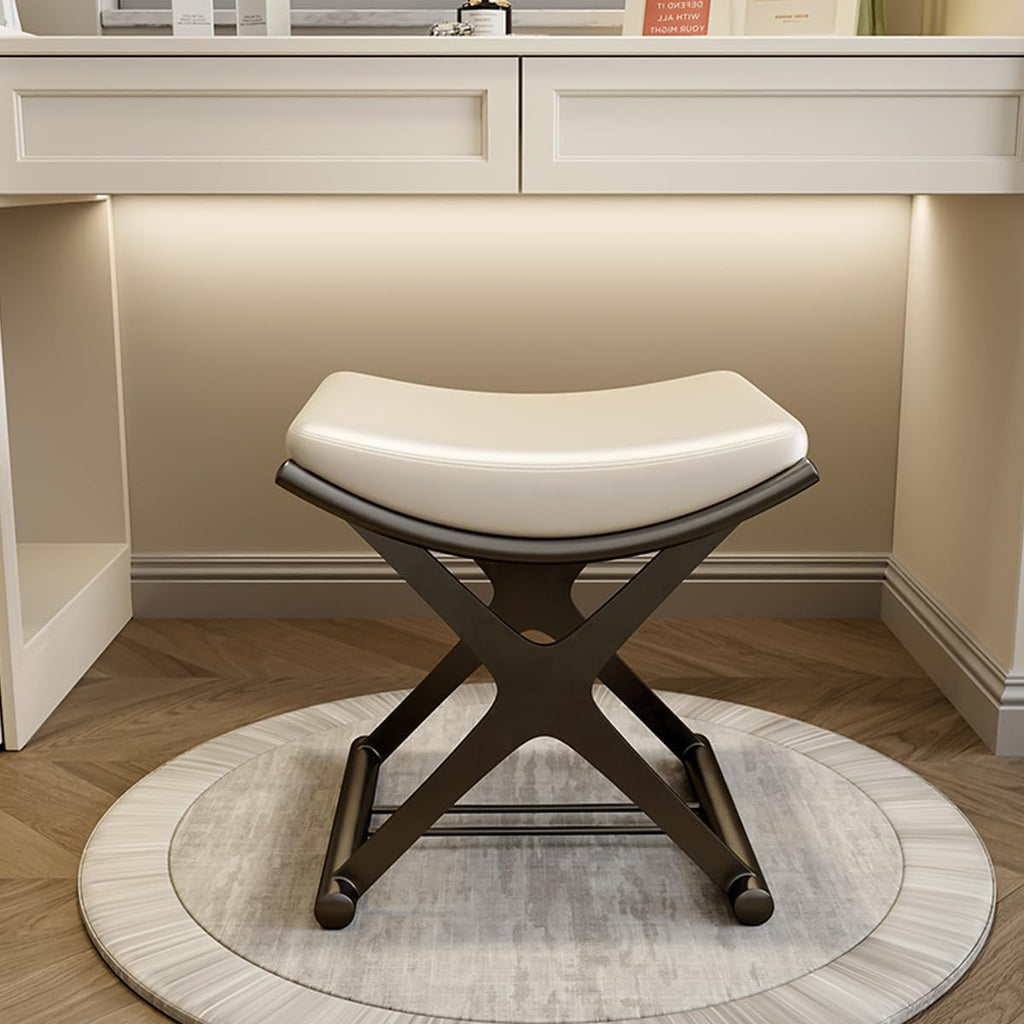 Luxury Modern Vanity Stool with Gold X-Frame Metal Legs, Cream Leather Ottoman Bench Seat for Bathroom, Living Room, Makeup, 17.72 x 14.96 inches (Gold)
