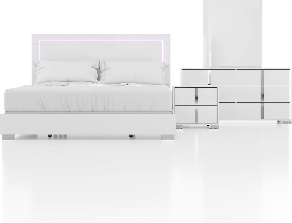Furniture of America Alistair Modern Wood 4-Piece Bedroom Set with LED on Headboard Bed, Ball-Bearing Glides on Nightstand and Dresser with Mirror, Box Spring Required, King, White