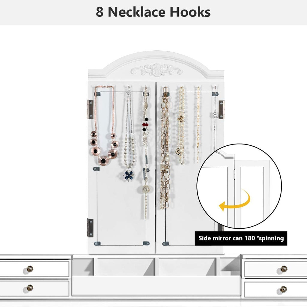 DORTALA Makeup Vanity Table Set w/ 7 Drawers, Removable Tri-Folding Mirror w/ 8 Jewelry Necklace Hooks, Dressing Table w/Open Storage Box & Cushioned Stool, Solid Wood Legs,White