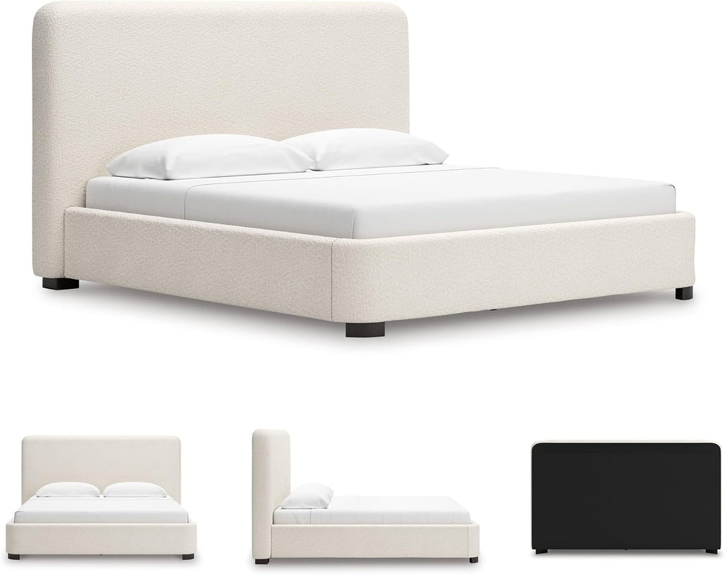 Signature Design by Ashley Whittgate Casual Stain Resistant King Upholstered Panel Bed, Solid Wood Blocking and Reinforced Side Rails for Added Strength, Foundation or Box Spring Needed, Beige