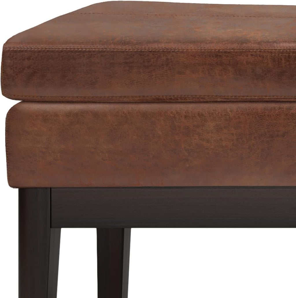 SIMPLIHOME Carlson Ottoman Bench - 45 inch Wide Upholstered Vegan Leather Rectangle Ottoman in Distressed Saddle Brown, Mid Century Modern Bench for Bedroom or Living Room with Padded Seat