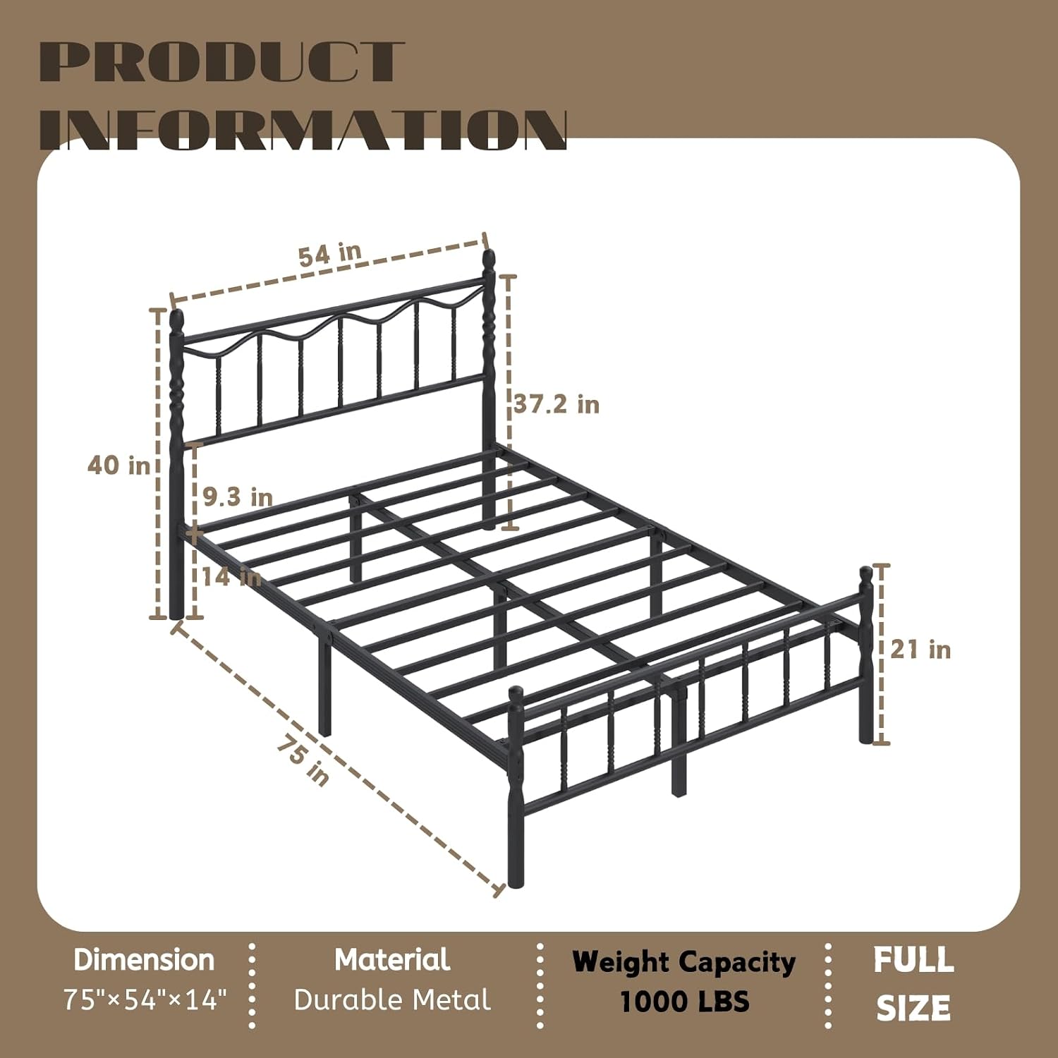 14 Inch Full Bed Frame with Headboard and Footboard, Metal Platform Full Size Bed Frame No Box Spring Needed, Heavy Duty, Noise Free, Under Bed Storage, Black