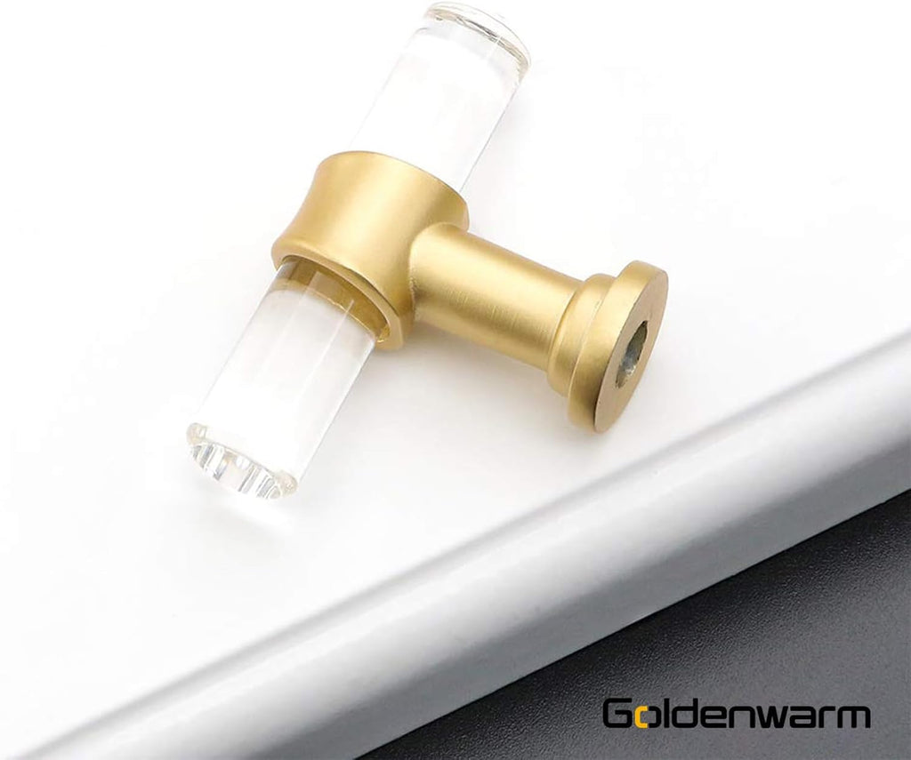 goldenwarm 200 Pack Acrylic Clear Cabinet Knobs T-bar Knobs Brushed Brass Acrylic Cabinet Handles Brushed Gold Drawer Pulls Handls Single Hole Hardware for Cupboard Door Dresser