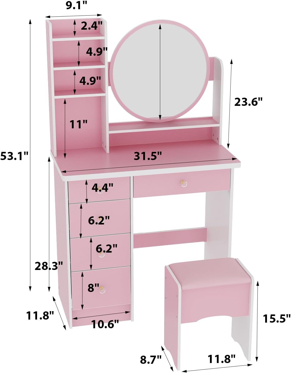FUFU&GAGA Pink Vanity Set with Round Mirror, Makeup Vanity Bedroom Dressing Table with 5 Drawers, Shelves, Dresser Desk and Cushioned Stool