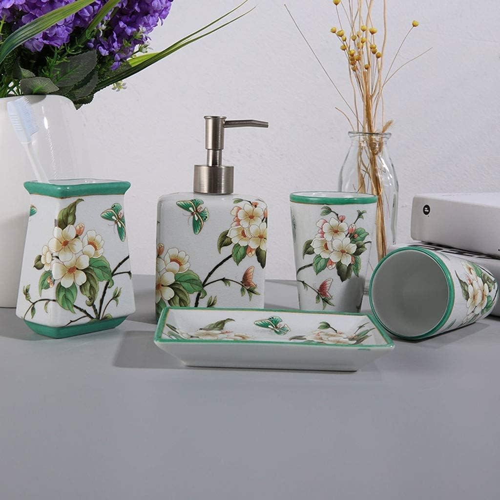 Vanity Bathroom Decor, 5pcs American Pattern Ceramic Bathroom Accessories Set Tooth Brush Holder Soap Dispenser Gargle Cup Soap Dish Suit Housewarming Gift