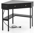 Corner Desk with Charging Station, 90° Triangle Desk w/ 2 Drawers, Storage Shelves, Corner Vanity Table for Bedroom, Compact Computer Desk for Small Space
