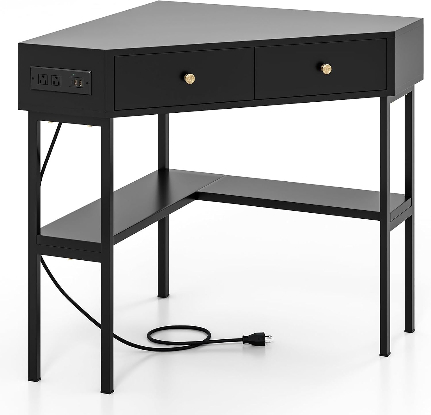 Corner Desk with Charging Station, 90° Triangle Desk w/ 2 Drawers, Storage Shelves, Corner Vanity Table for Bedroom, Compact Computer Desk for Small Space
