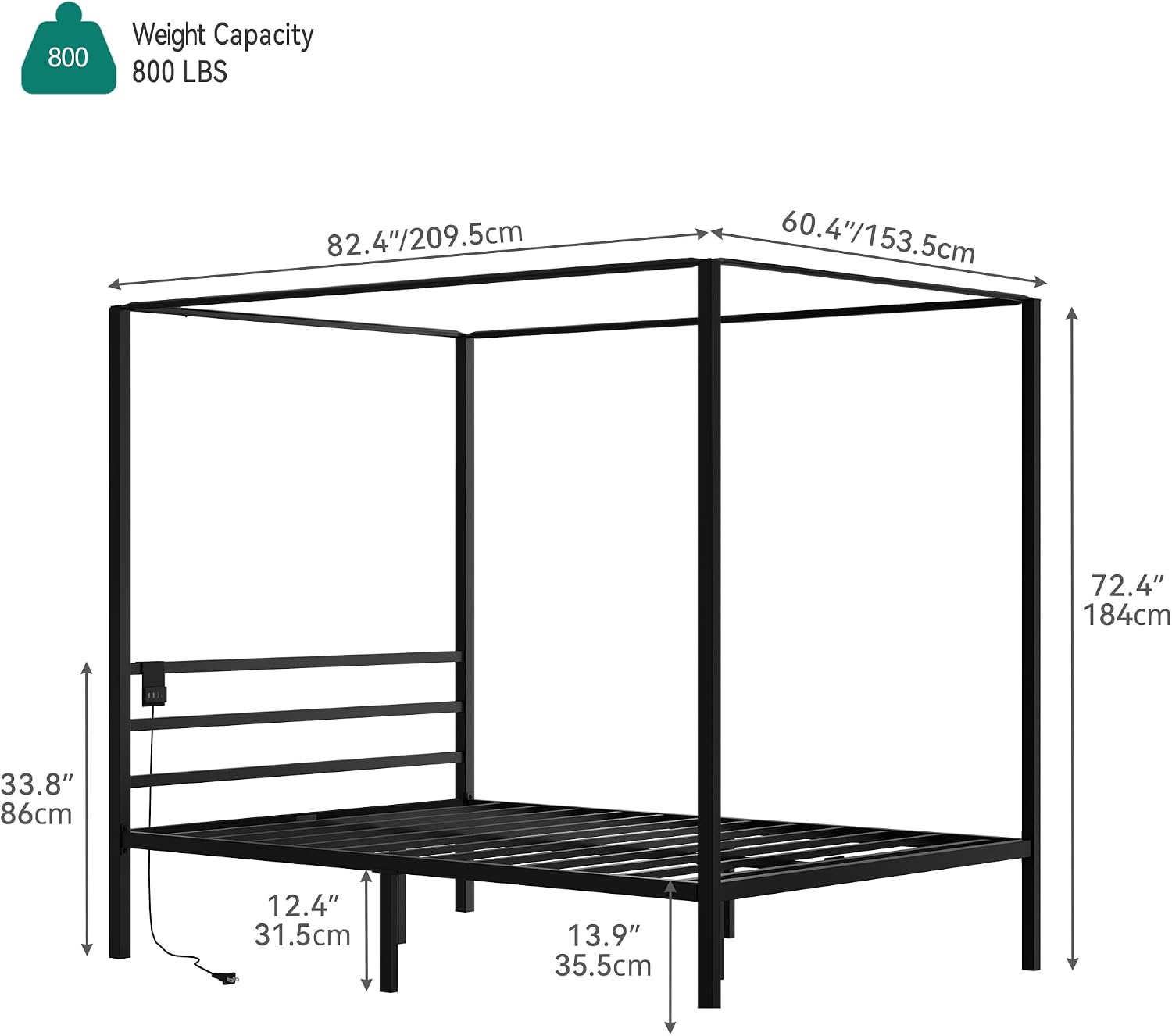 YITAHOME Queen Size Canopy Bed, Four Poster Platform Bed with Metal Slats Support, Metal Bed Frame with USB Charging Station, 12.4 inch Underbed Storage, No Box Spring Needed, Black