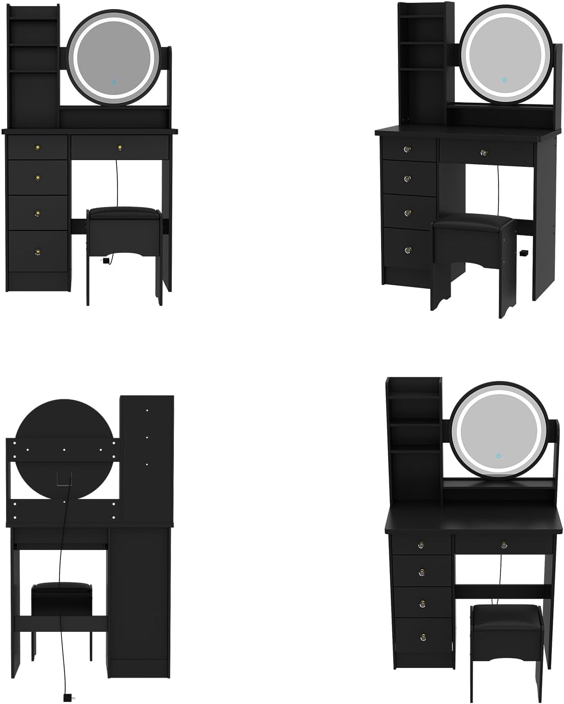Vanity with Chair, Dressing Table with Lighted Round Mirror, 5 Drawers and Shelves, Makeup Vanity Set with Storage for Bedroom, Crystal Knobs, Black, 15.7' D x 31.5' W x 53.1' H