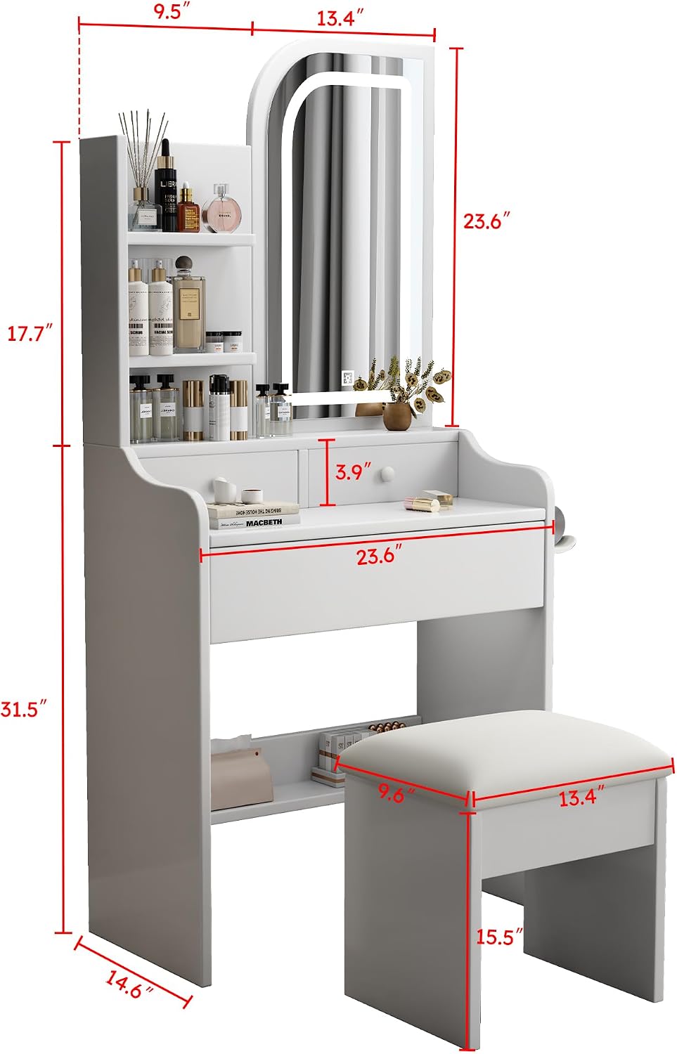 Small Makeup Vanity Desk with Mirror and Lights, Vanity Table Set with Storage Drawer, 3 Lighting Colors, Dressing Table for Bedroom, White