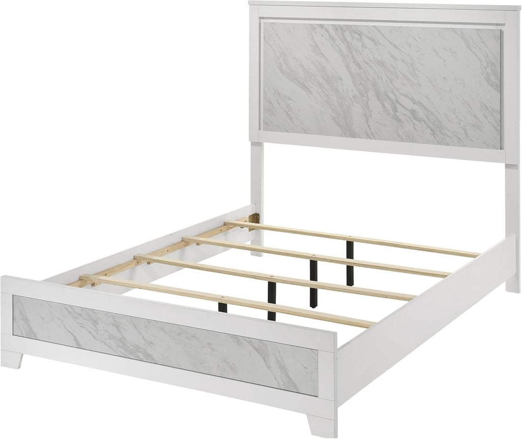 Furniture of America Anton Modern Solid Wood 3-Piece Bedroom Set with Faux Marble Headboard Bed, Metal Center Glide on Nightstand and Chest, Box Spring Needed for Bedroom, Guest Room, Queen, White