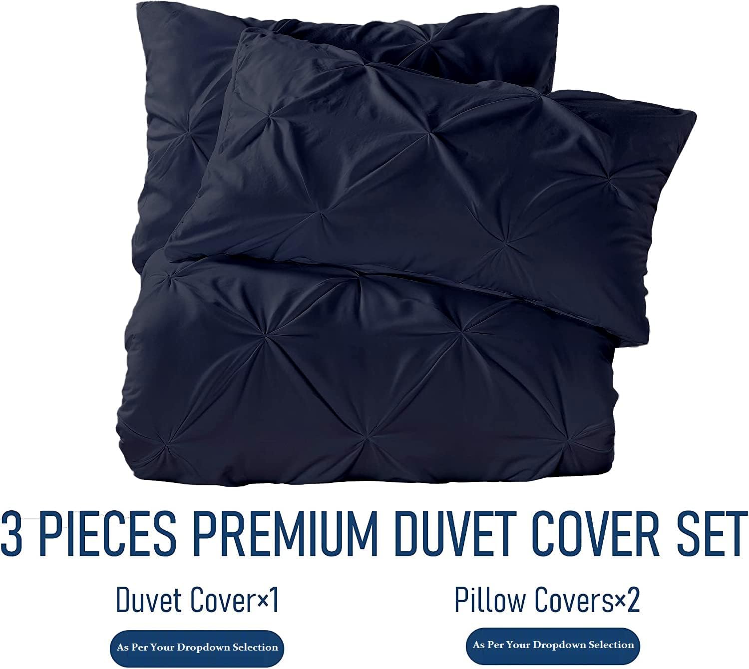 Crown Collection Luxuriate Hotel 1000-TC Hypoallergenic Ultra Soft Design 100% Egyptian Cotton Pinch Plated Duvet Cover with Zipper Colser & 2pcs Pillow Case Set (Super King Plus 120X120) Navy Blue