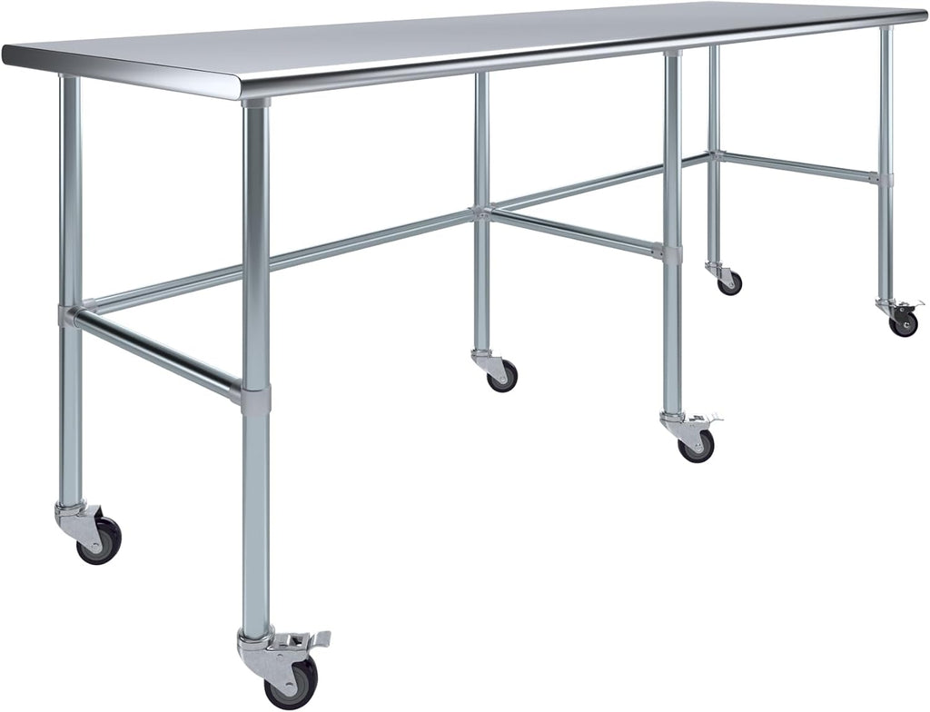 AmGood Stainless Steel Work Table Open Base & Wheels | Work Station | Metal Work Bench (Stainless Steel, 96' Long x 30' Deep)