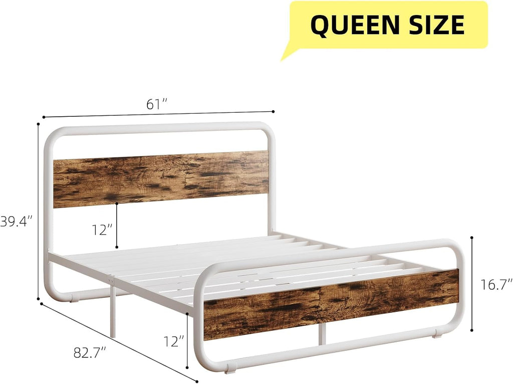 Catrimown Queen Bed Frame with LED Lights, Heavy Duty Metal Rustic Platform Bed Frame Queen Size with Headboard, Noise Free, No Box Spring Needed, White