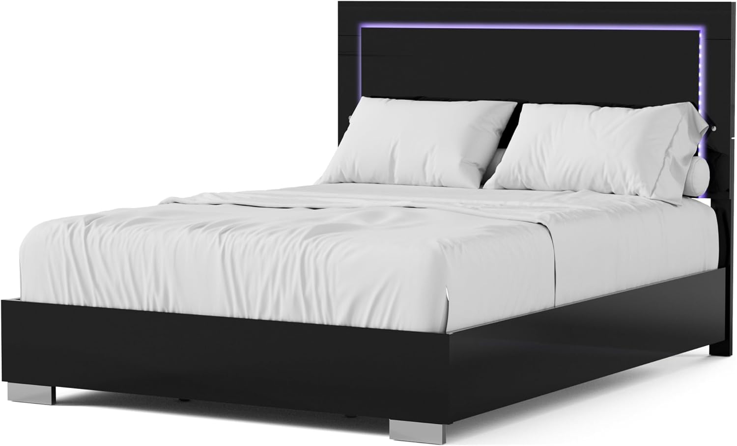 Furniture of America Alistair Modern Wood 2-Piece Bedroom Set with LED on Headboard Bed, Ball-Bearing Glides, Vertical Chrome Handles on Nightstand, Box Spring Required, King, Black