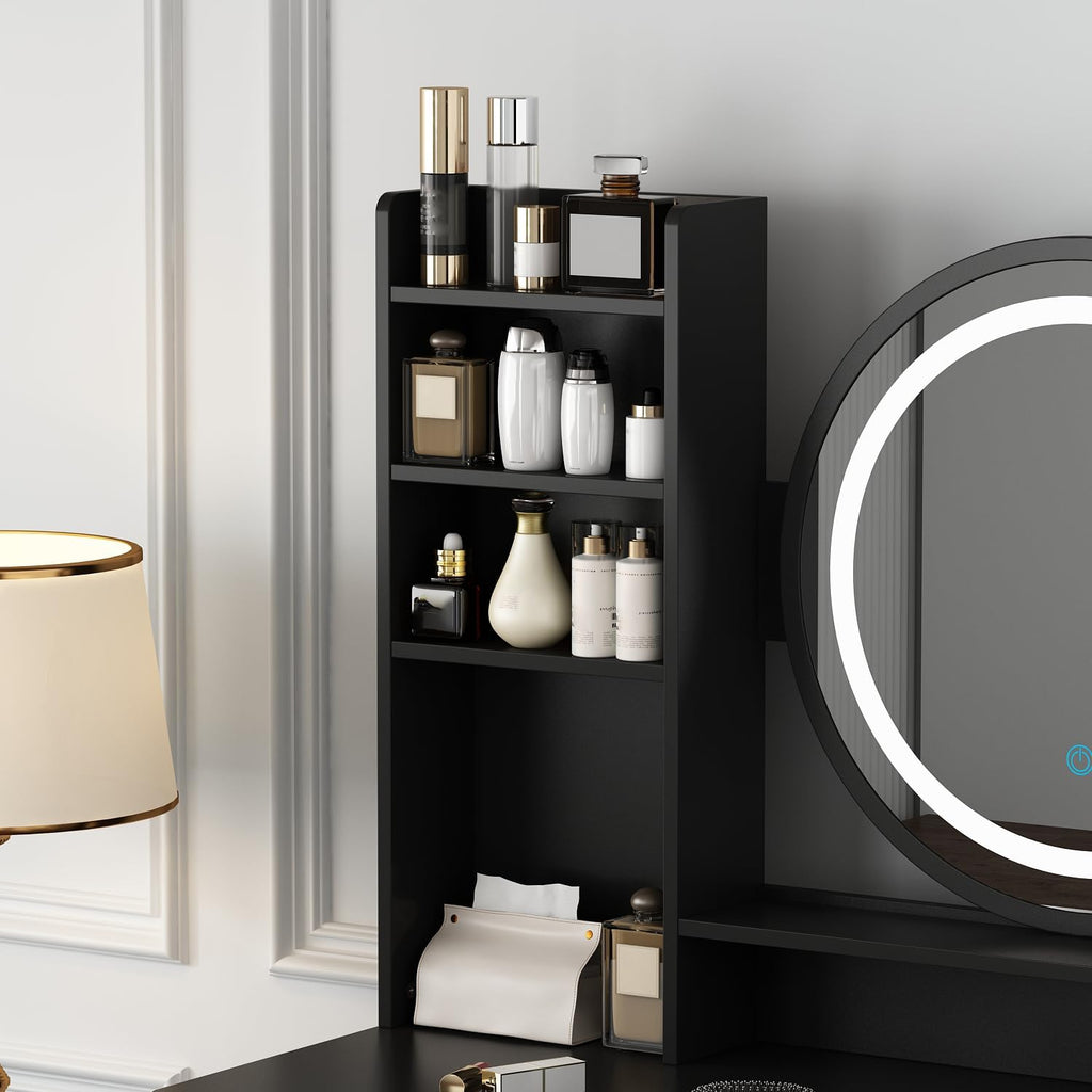 Vanity with Chair, Dressing Table with Lighted Round Mirror, 5 Drawers and Shelves, Makeup Vanity Set with Storage for Bedroom, Crystal Knobs, Black, 15.7' D x 31.5' W x 53.1' H