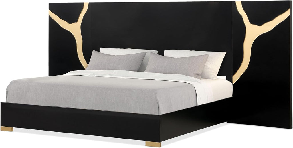 Furniture of America Quanta Modern Wood 6-Piece Bedroom Set with Panel Headboard and Gold-Painted Pattern Extended Walls, Felt-Lined Top Drawer, No Box Spring Needed, King, Black