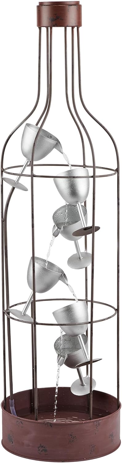Alpine Corporation IPS210 Outdoor Floor Rustic Eclectic Bottle Shaped Water Fountain with Tiered Wine Glasses, 44', Brown