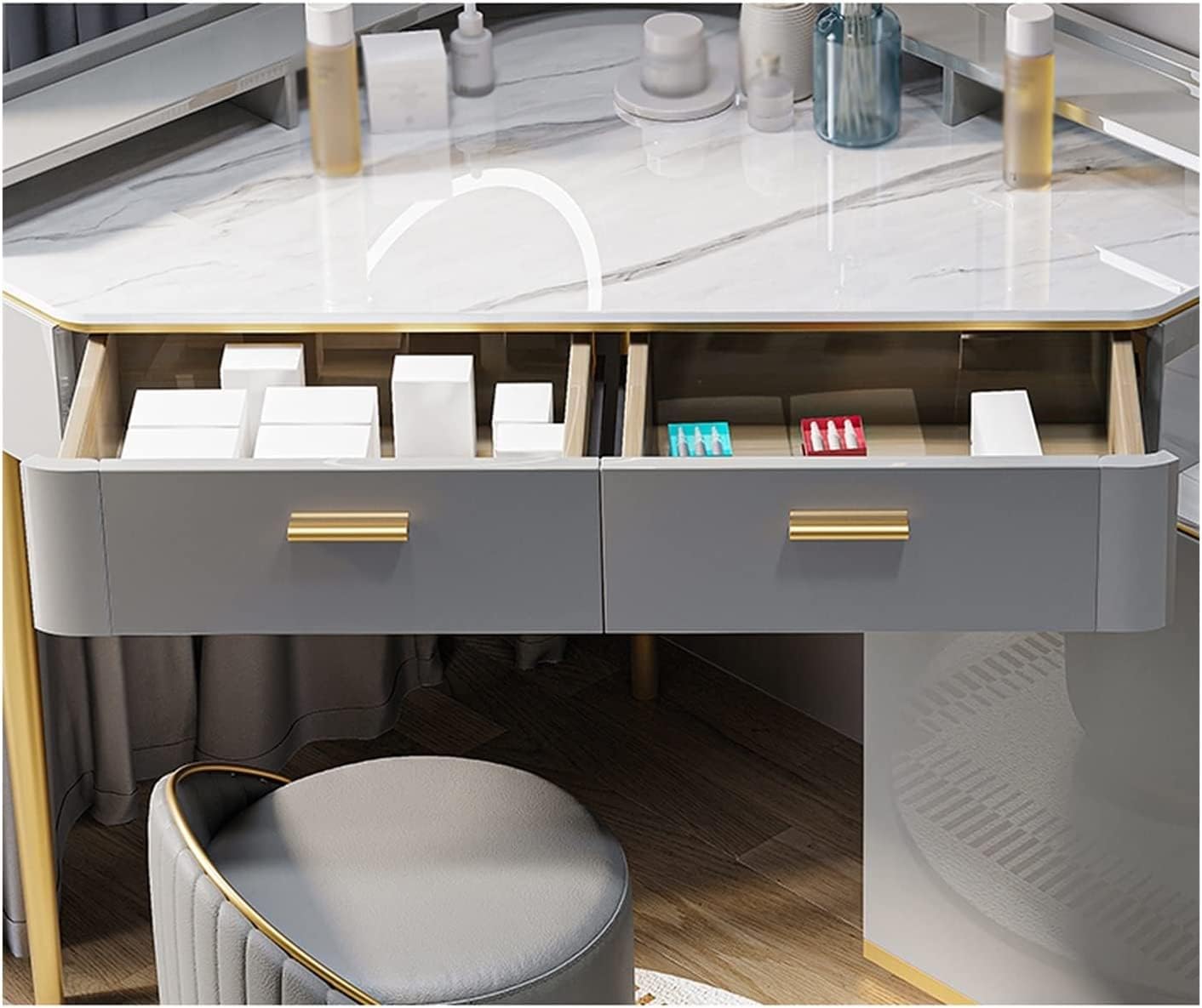 Corner Vanity Desk, Slate Desktop Dressing Table, with LED Lighted Mirror ＆ Drawers,Cosmetic Storage Cabinet,for Home