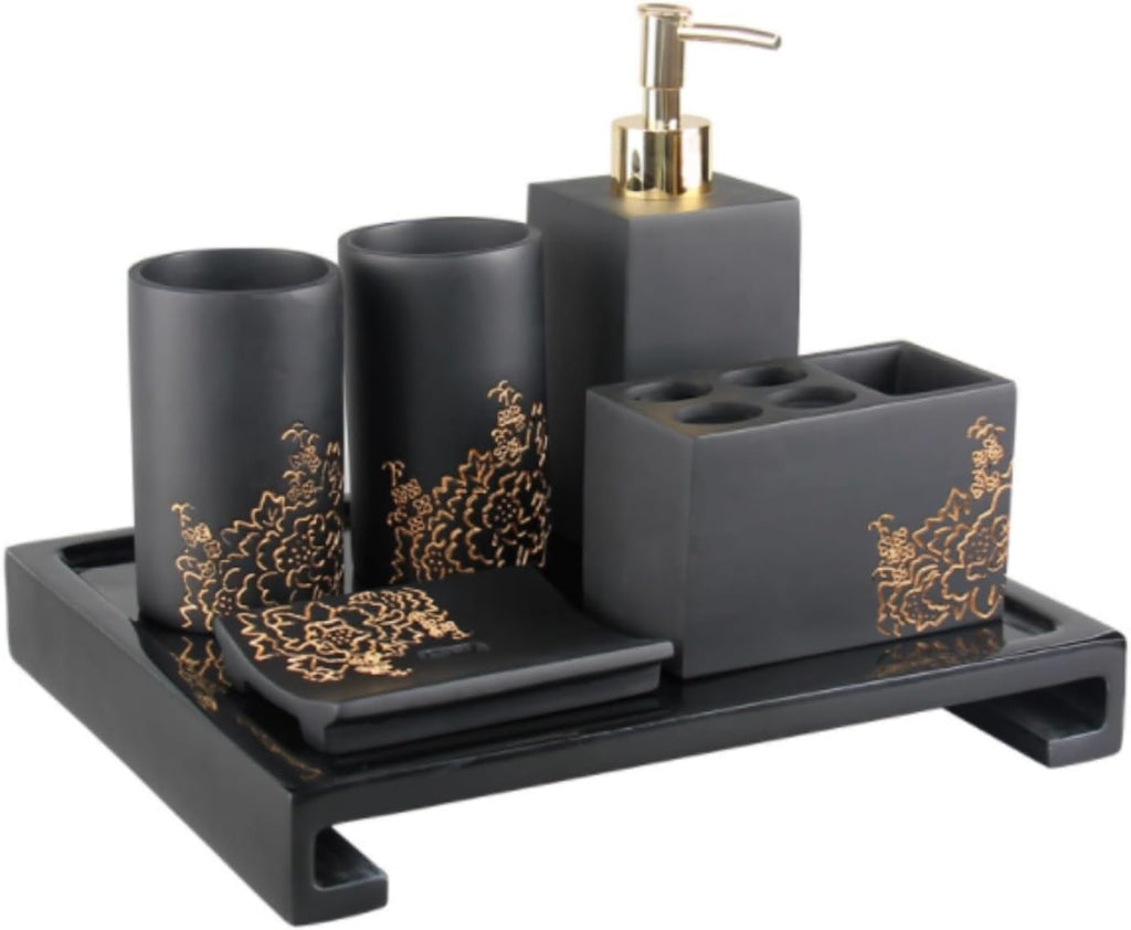 Vanity Bathroom Decor, 6 Piece Resin Bathroom Accessories Set Soap Dispenser Toothbrush Holder Tumbler Soap Dish Set Housewarming Gift