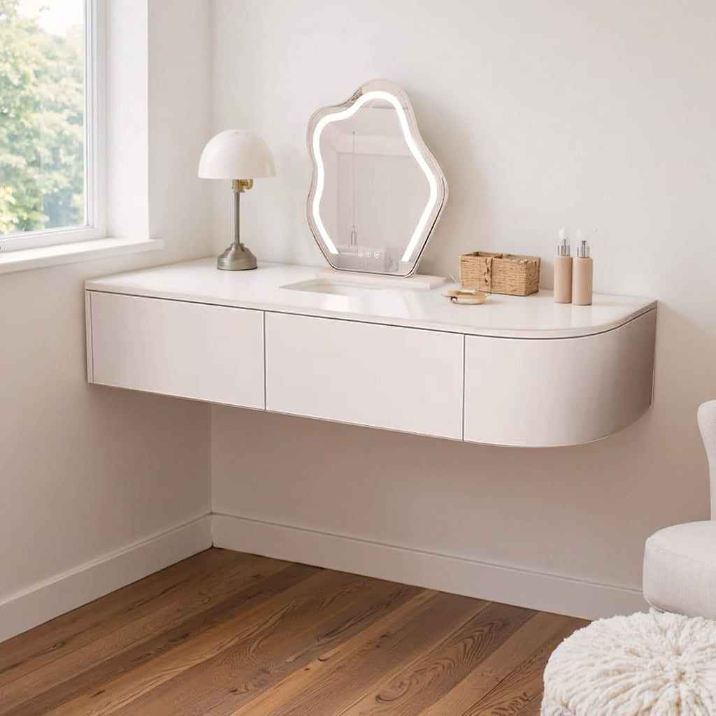 Corner Floating Desk with Drawers, Floating Vanity Makeup Table, Small Wall Mounted Floating Dressing Table Wall Storage Set, Wood Floating Shelf with Drawers, Modern White Vanity with Lighted Mirror(