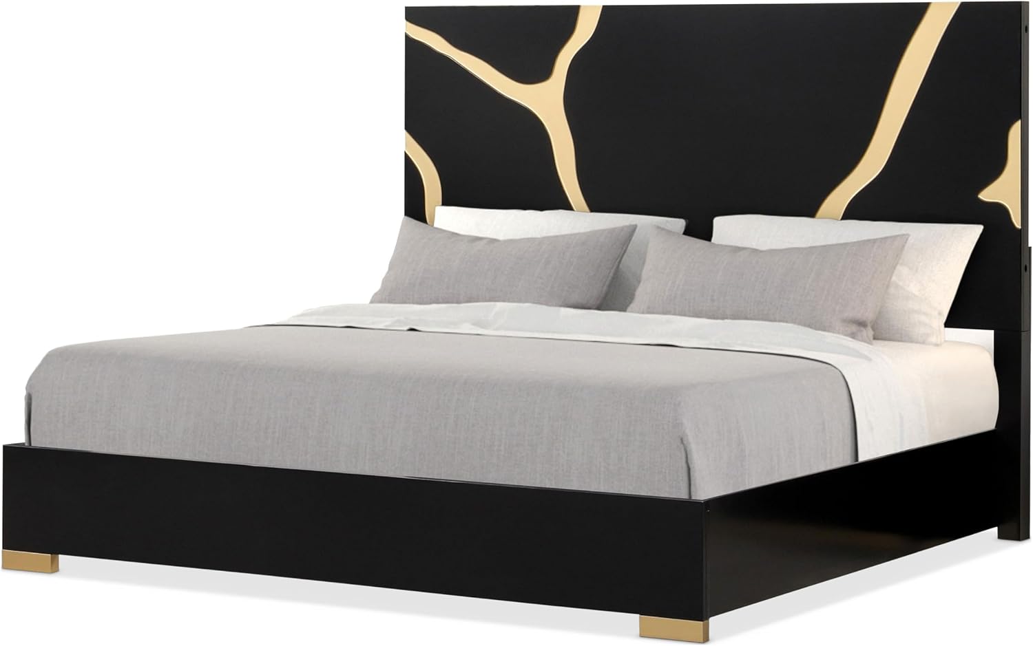 Furniture of America Quanta Modern Wood 3-Piece Bedroom Set with Gold Accented Headboard, Felt-Lined Top Drawer, Ball-Bearing Glides, Dovetails Joint, No Box Spring Needed, Queen, Black