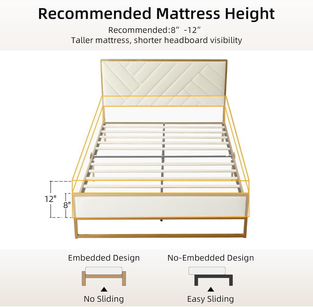VELOCAVA Full Metal Upholstered Bed with Geometric Headboard, Velvet Platform Bed with 10'' Under Bed Storage Supported by Metal Base and Wooden Slats, No Box Spring Needed, Gold&Cream