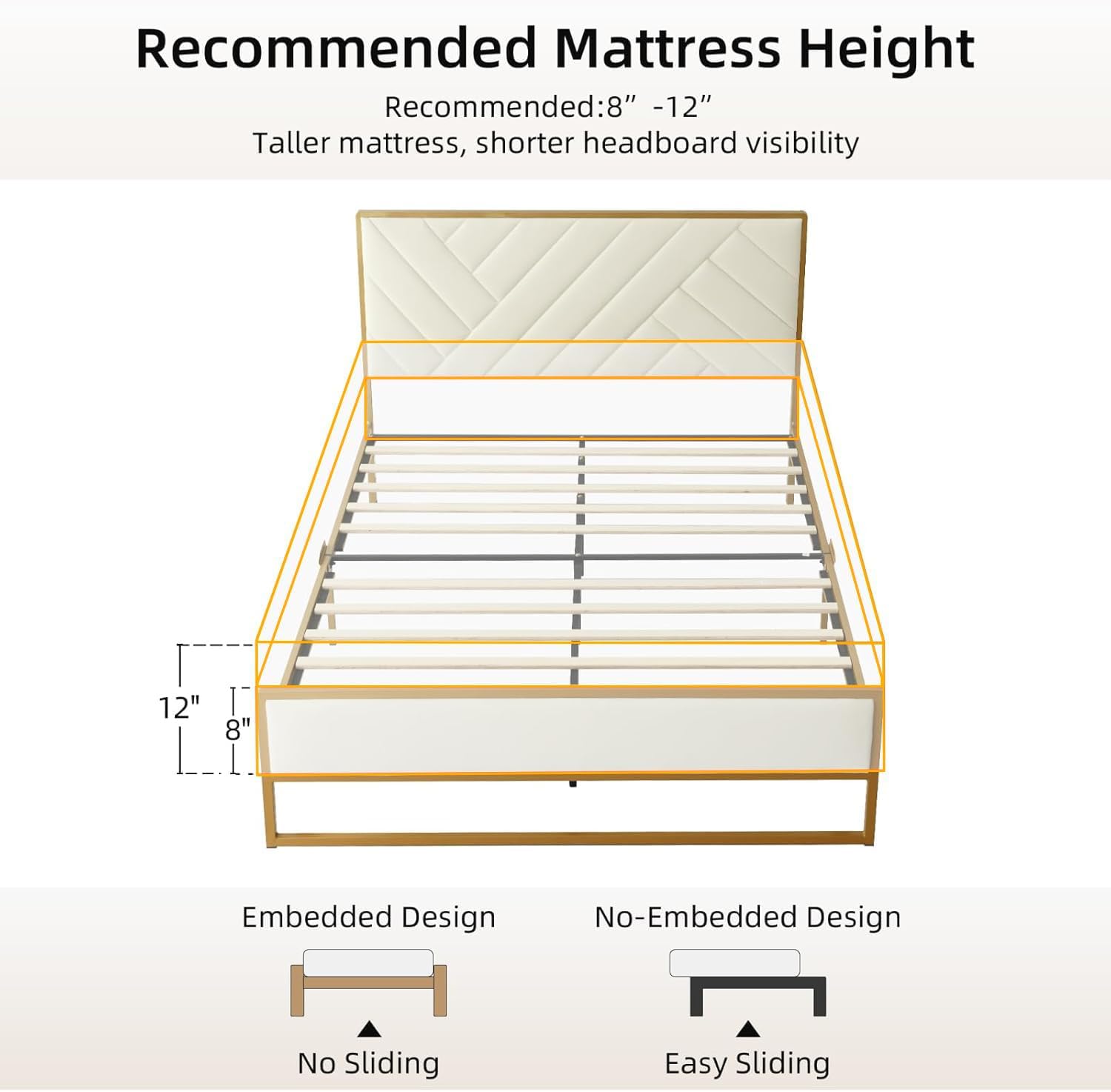 VELOCAVA Full Metal Upholstered Bed with Geometric Headboard, Velvet Platform Bed with 10'' Under Bed Storage Supported by Metal Base and Wooden Slats, No Box Spring Needed, Gold&Cream