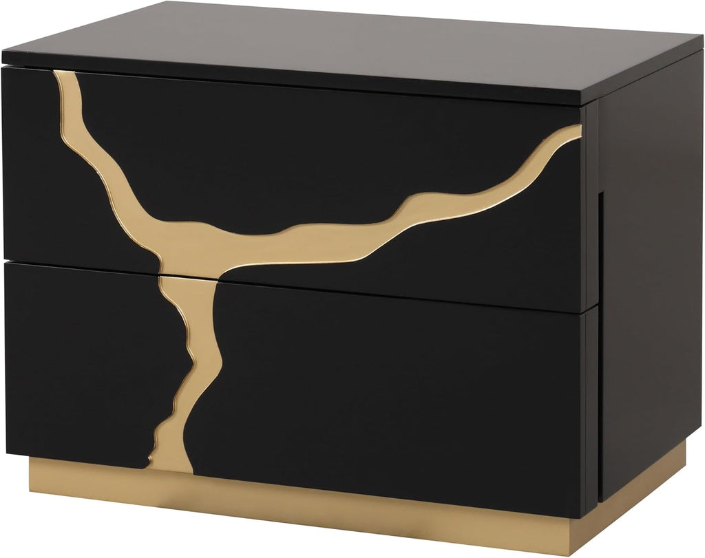 Furniture of America Quanta Modern Wood 3-Piece Bedroom Set with Panel Headboard and Gold-Painted Pattern Extended Walls, Felt-Lined Top Drawer, No Box Spring Needed, King, Black