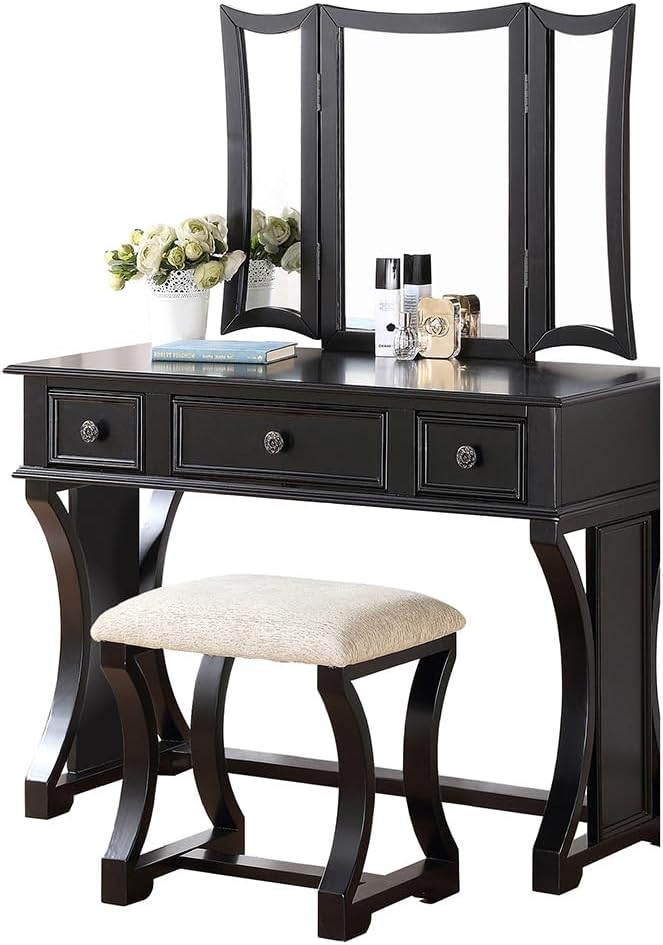 Poundex Bobkona Edna Vanity Set with Stool, Black