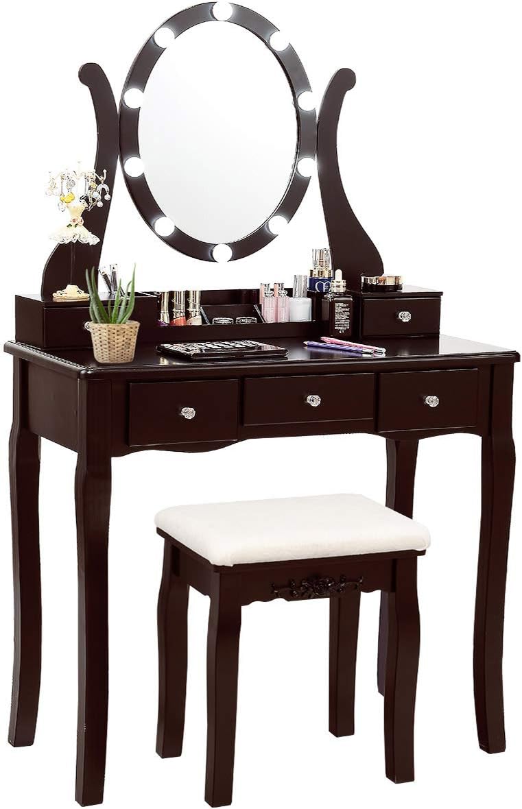 CHARMAID Makeup Vanity Table with Lighted Mirror, Vanity Desk with 10 LED Lights, Adjustable Brightness, 5 Drawers and Removable Storage Organizer, Bedroom Dressing Table with Stool (Espresso)