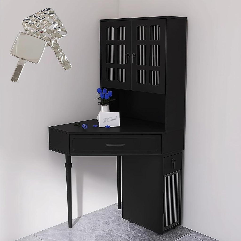 Black Corner Dressing Table Without Mirror,Makeup Vanity Table with Cabinet & Shelf & Handheld Mirror,French(1 Side Cabinet_70CM)