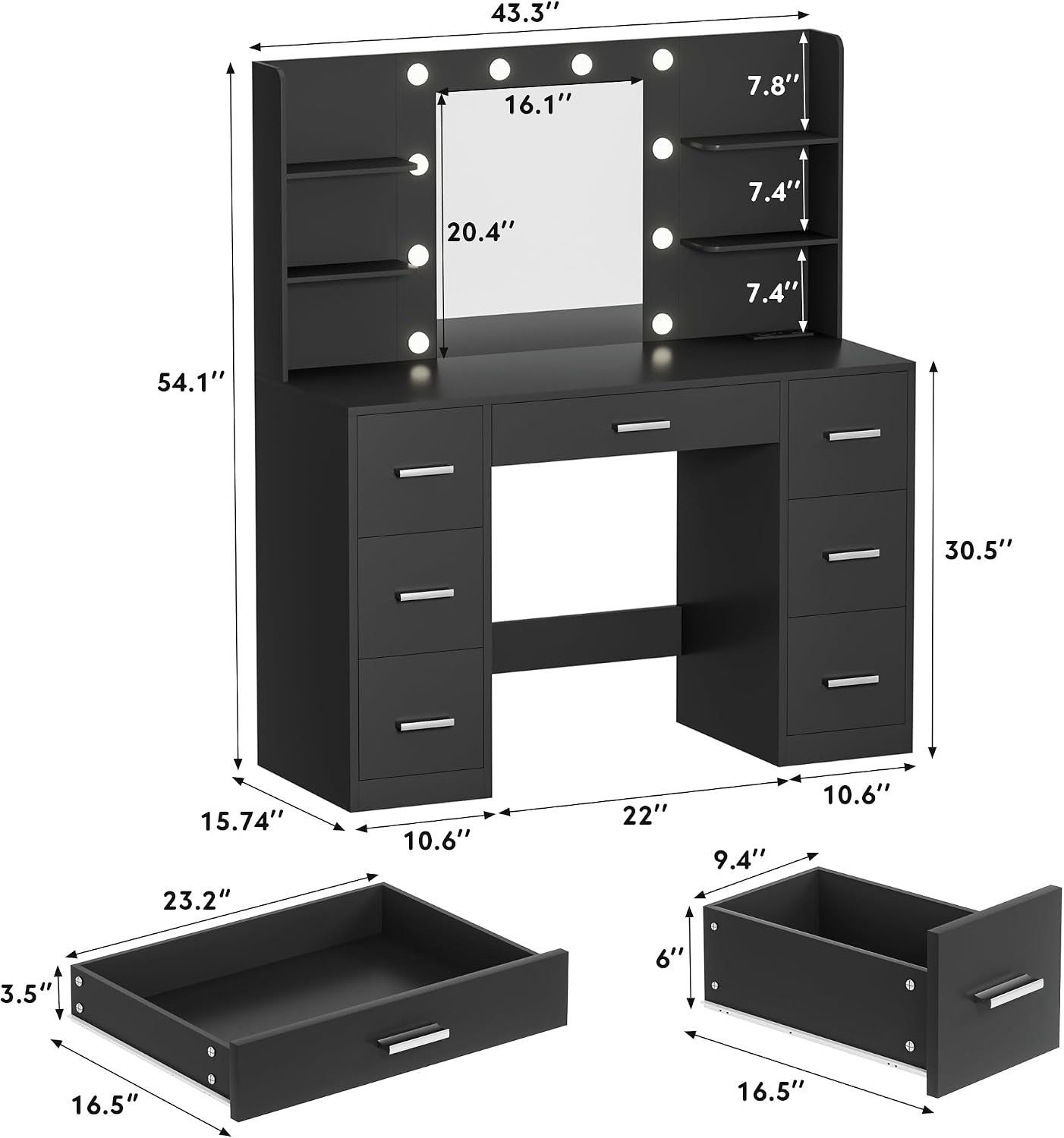 VICTONE Vanity Desk with LED Lighted Mirror&Power Outlet, 3 Model Lights Makeup Vanity Table with 7 Drawers and 6 Storage Shelves for Bedroom and Dressing Room (Black)