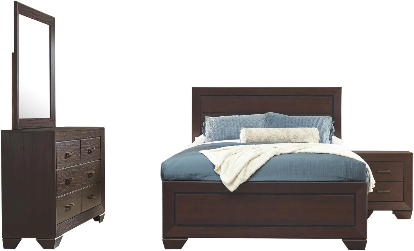 Oatfield Dark Cocoa 4-Piece Eastern King Bedroom Set - Transitional Wood-Paneled Bedroom Furniture