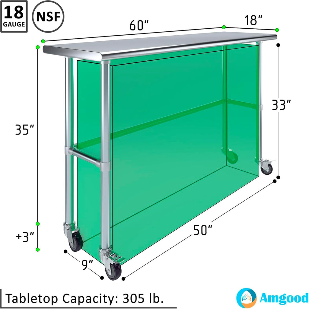 AmGood Stainless Steel Work Table Open Base & Wheels | Work Station | Metal Work Bench (Stainless Steel Work Table Open Base + Casters, 60' Long x 18' Deep)