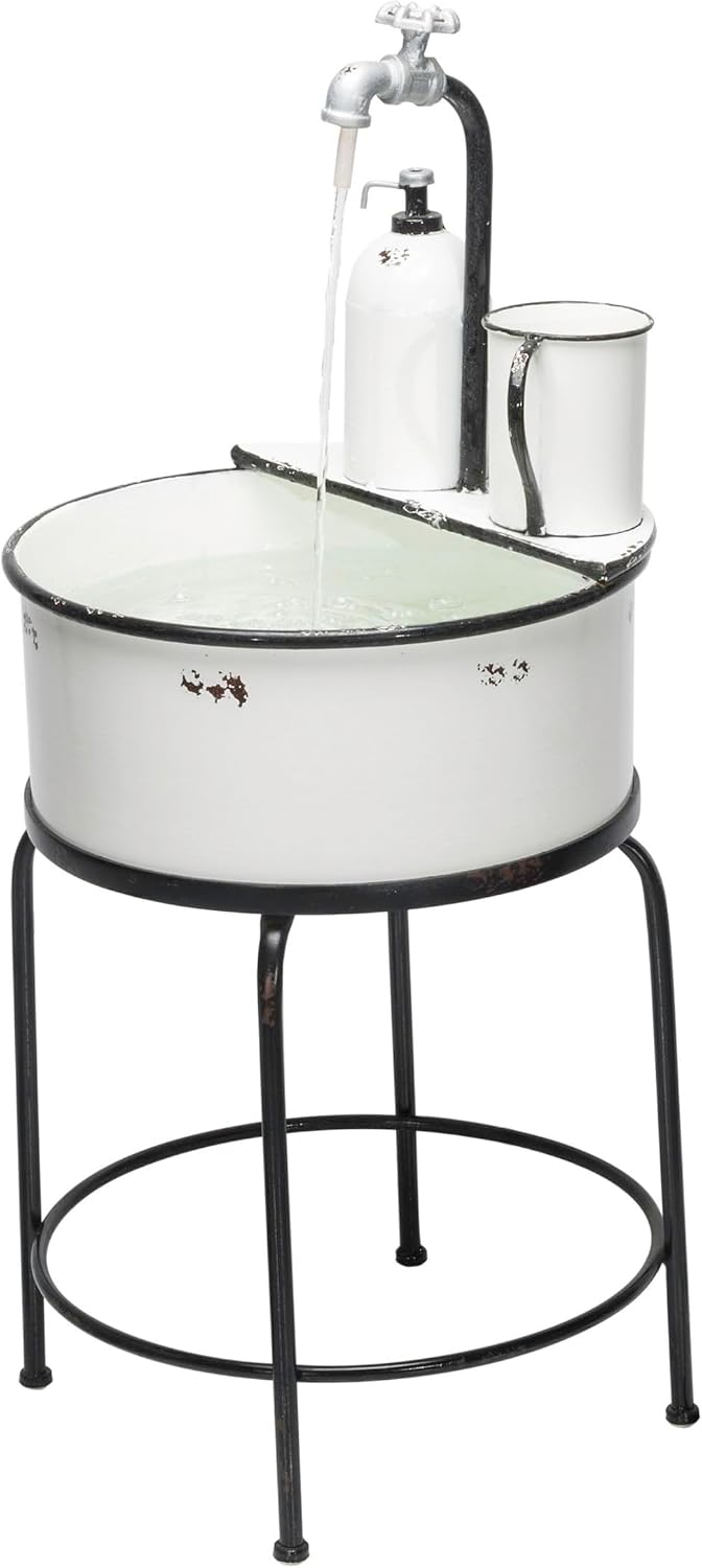Alpine Corporation YHL168 Outdoor Vintage Metal Sink Water Floor Fountain with Stand, 34' Tall, White