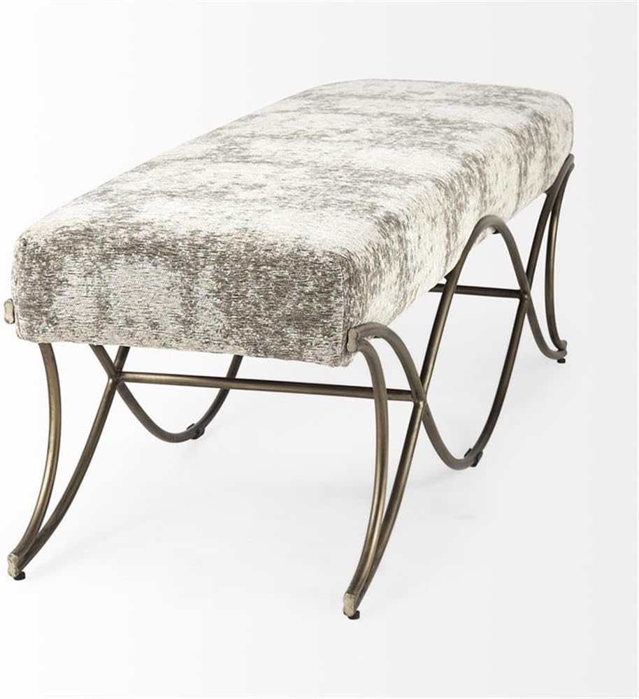Pemberly Row Vanity Bench, 55 x 17.6 x 18 in, Light and Dark Gray Fabric Seat, Antique Gold Crisscross Metal Frame, Elegant Entryway or Living Room Seating, Versatile Decor Statement Piece