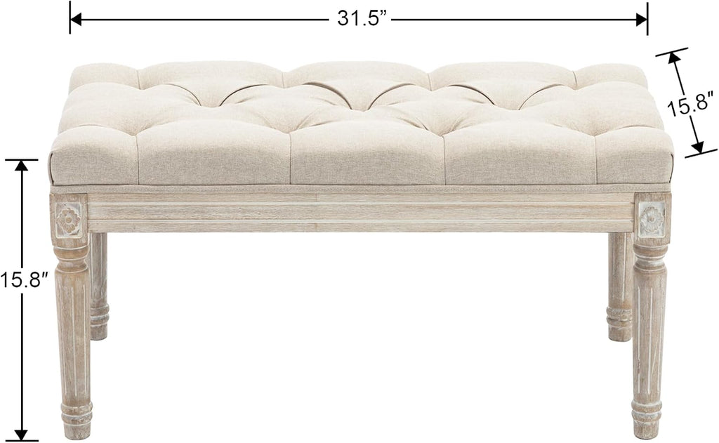 Upholstered Fabric Entryway Bench, Tufted Piano Bench for 2 People, Rubber Wood Legs with Beautiful Carved Pattern for Bedroom/Living Room/Dining Room (Beige)