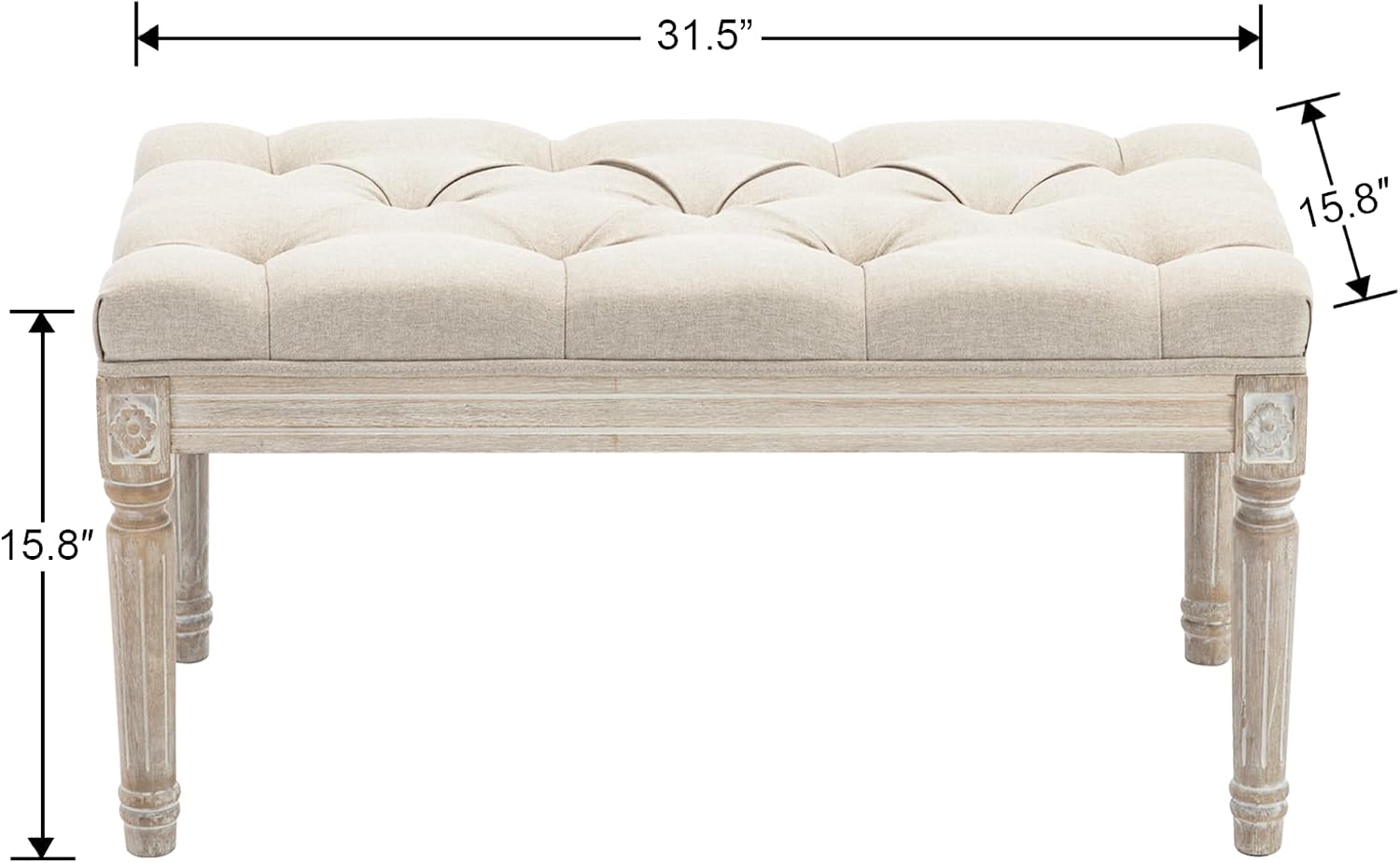 Upholstered Fabric Entryway Bench, Tufted Piano Bench for 2 People, Rubber Wood Legs with Beautiful Carved Pattern for Bedroom/Living Room/Dining Room (Beige)