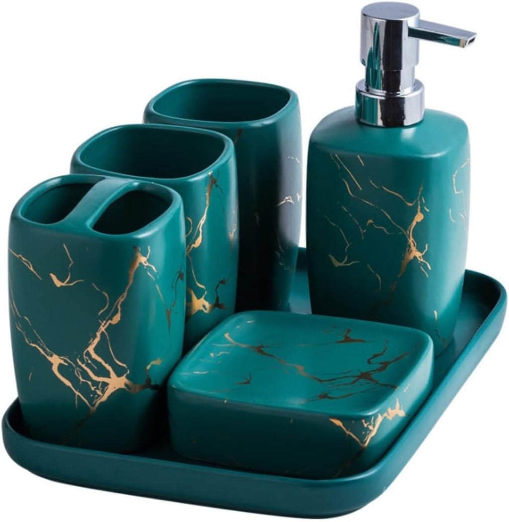 Vanity Bathroom Decor, Marble Pattern Bathroom Accessories Set Luxurious Ceramics Bathroom Set Bath Ornament for Housewarming Gift Housewarming Gift(Green,6pcs)
