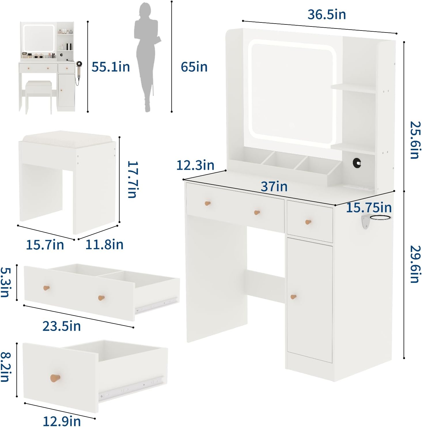 HaHarmoHaby Vanity Desk with Lighted Mirror, Makeup Vanity Table with 4 Drawers, Shelves,3 Color Modes & Adjustable Brightness, Dressing Table Set with Stool for Bedroom